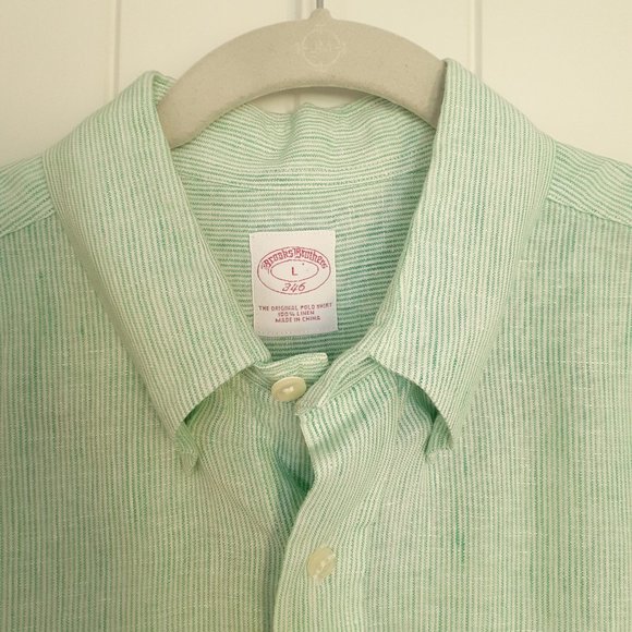 Brooks Brothers Linen Short Sleeve Button Down Shirt Green Stripe Size L - Picture 5 of 10